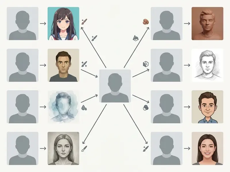 Grid showing source portraits transformed into diverse artistic styles using an AI filter
