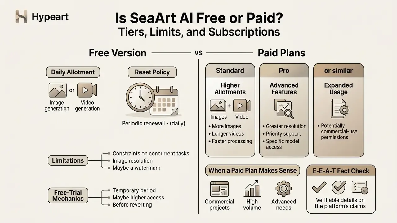 Comparison chart detailing features, limits, and subscription tiers for the SeaArt AI platform