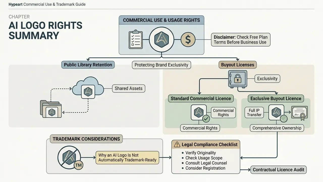 Flowchart detailing commercial usage rights, license types, and trademark considerations for AI logos