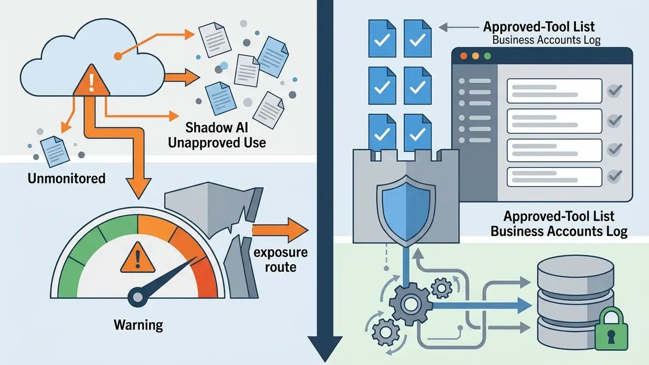 Cloud data flow showing unmonitored shadow AI risks compared to a secure approved tool management system