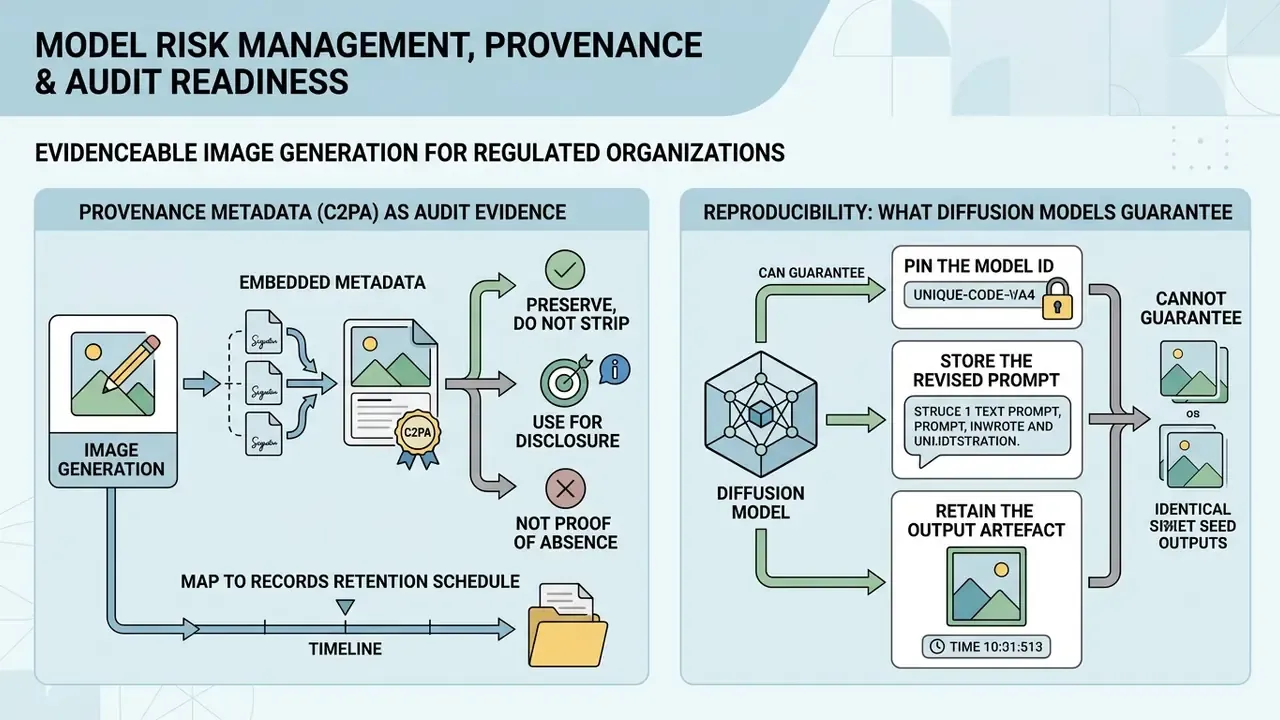 Diagram detailing C2PA metadata provenance and diffusion model reproducibility for DALL-E image generation