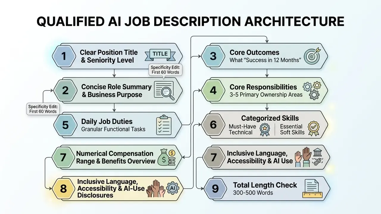 Numbered diagram outlining nine essential components for building a professional hiring document