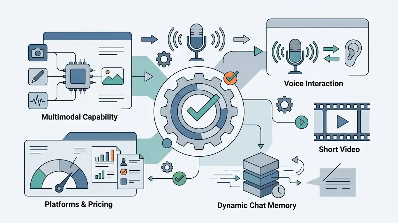 Central gear icon connecting multimodal processing to voice interaction, video, and chat memory features