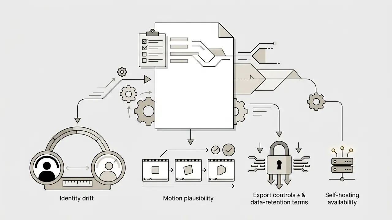Document with checklist icons connected to metrics for identity drift, motion plausibility, and hosting