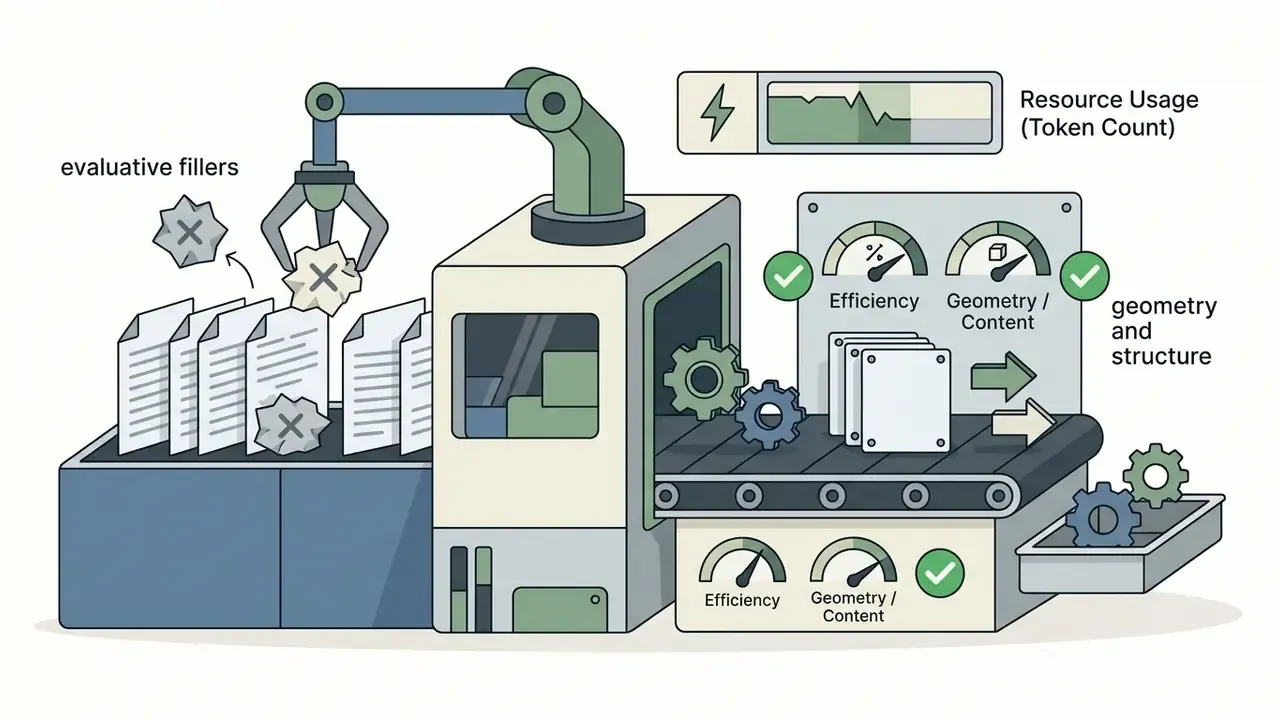Robotic arm removing evaluative filler words from documents to improve prompt geometry and structure