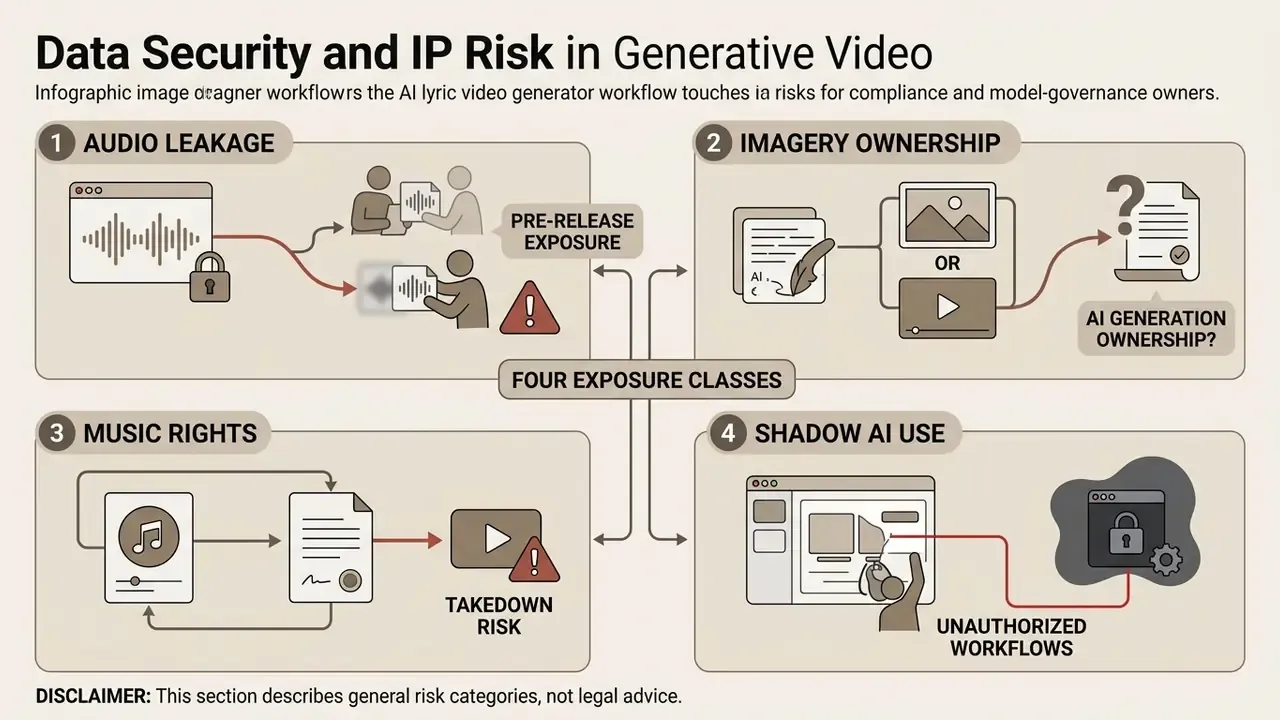Four risk categories including audio leakage, imagery ownership, music rights, and shadow AI usage