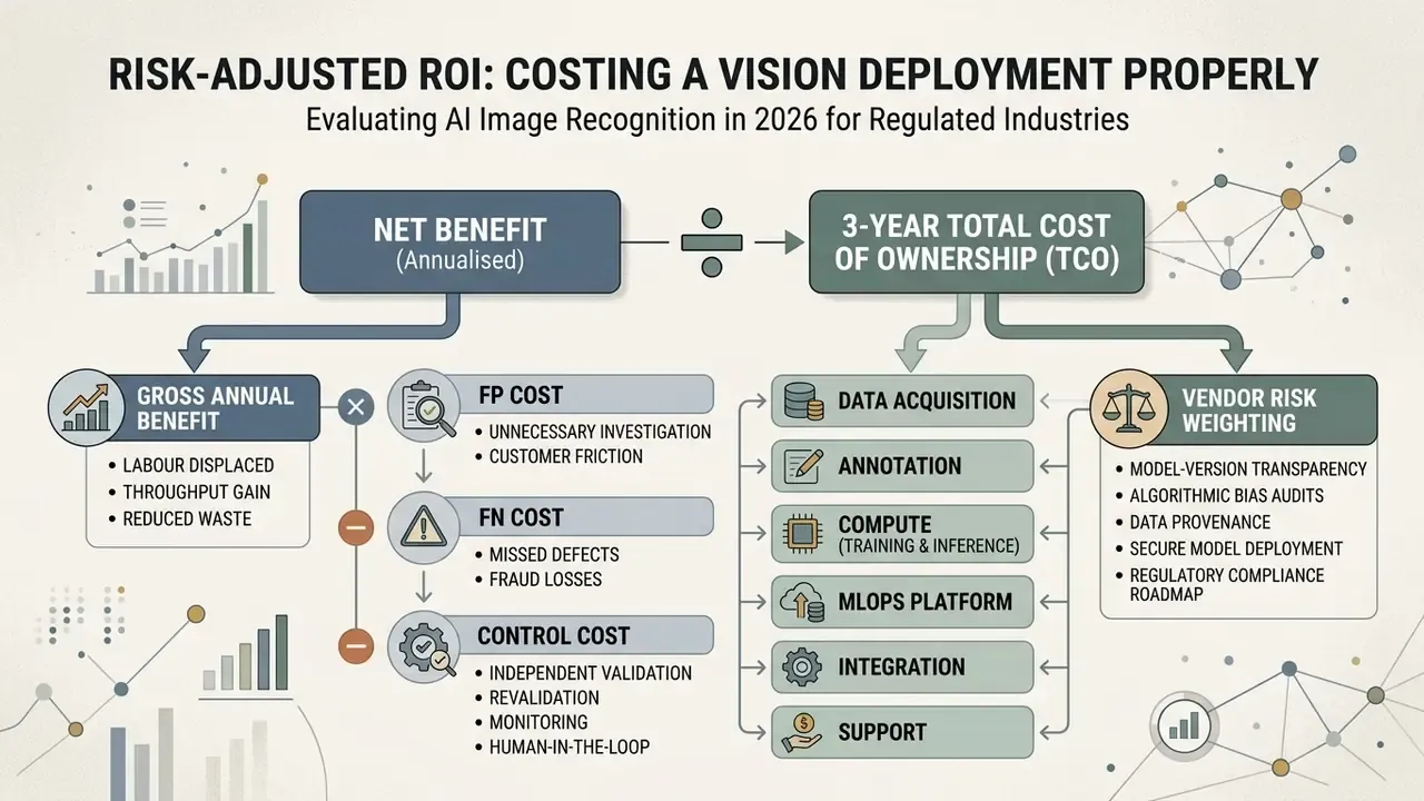 Mathematical formula showing net benefit divided by total cost of ownership for vision technology projects