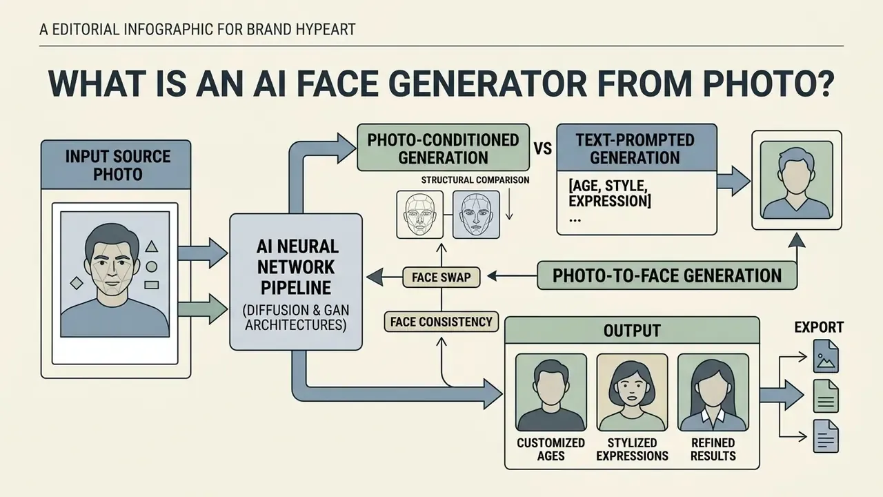 Flowchart comparing photo-conditioned and text-prompted generation processes within an AI neural pipeline
