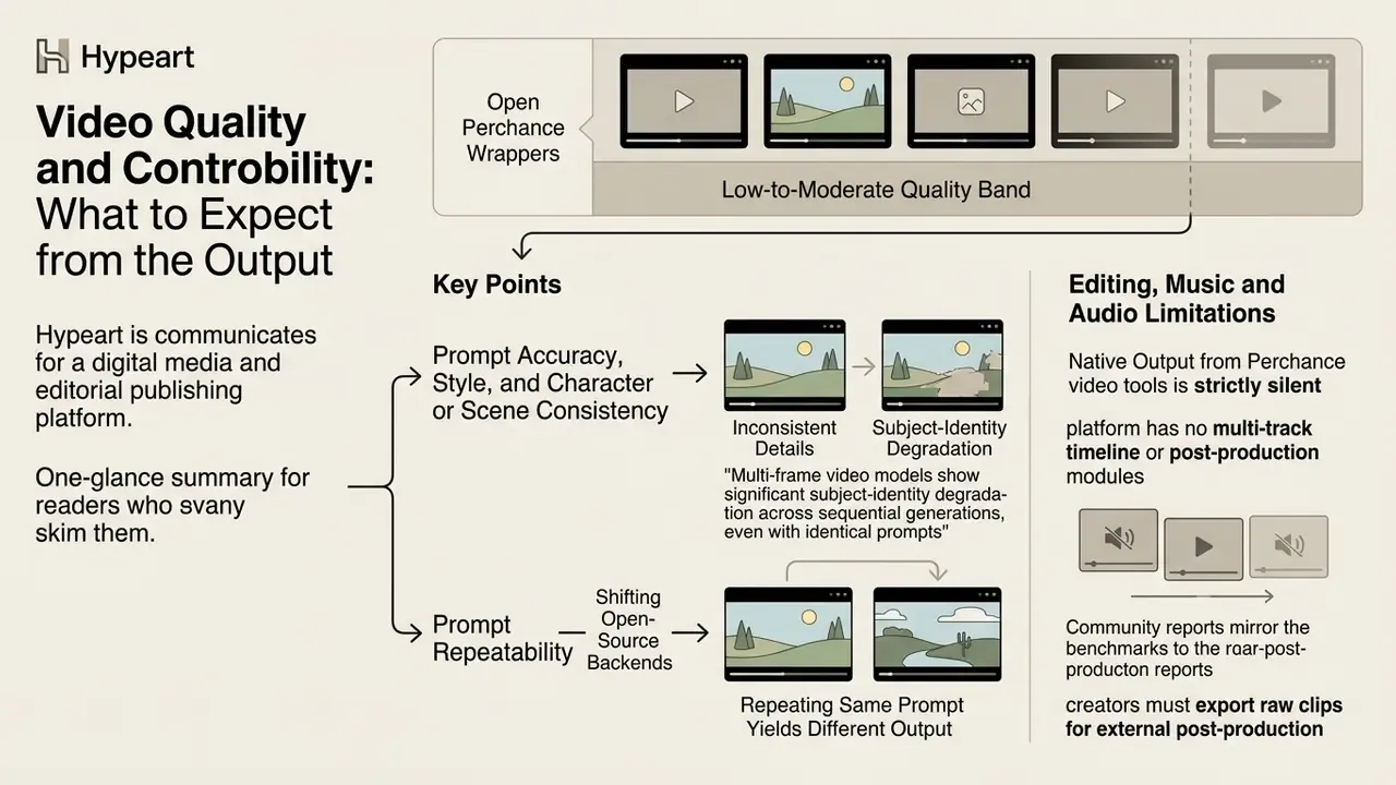 Diagram showing Perchance AI video output limitations regarding consistency, repeatability, and audio