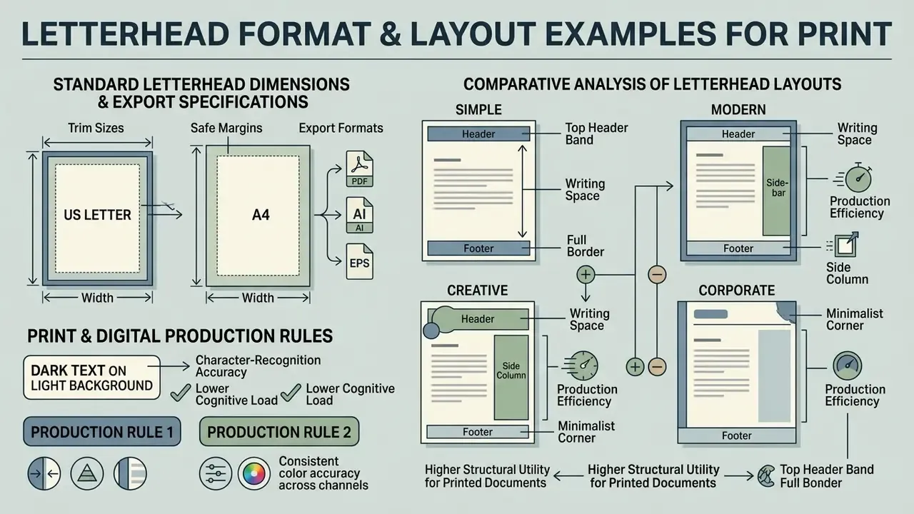 Diagram showing letterhead format and layout examples for print with production rules and specifications