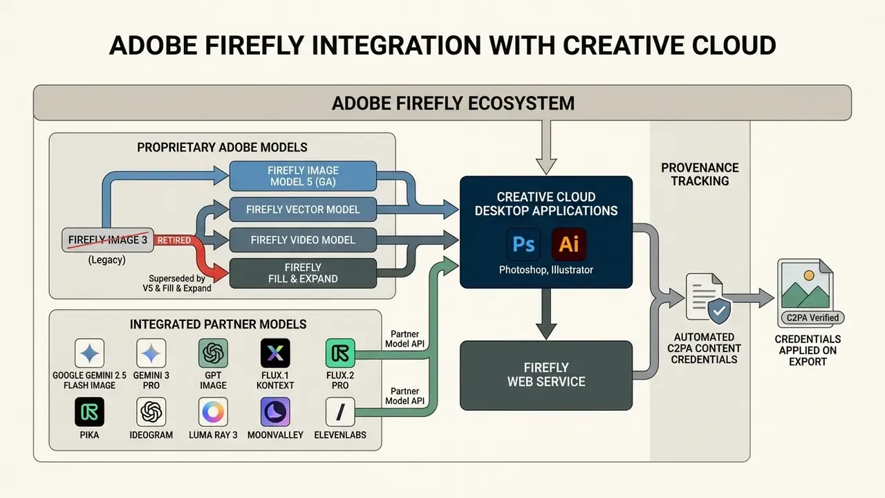 Diagram showing Adobe proprietary and partner models connecting to Creative Cloud applications