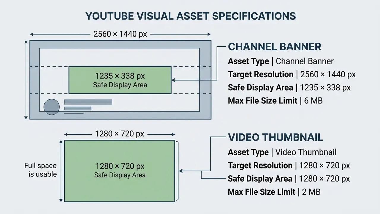 Technical specifications listing pixel dimensions and file size limits for YouTube banners and thumbnails