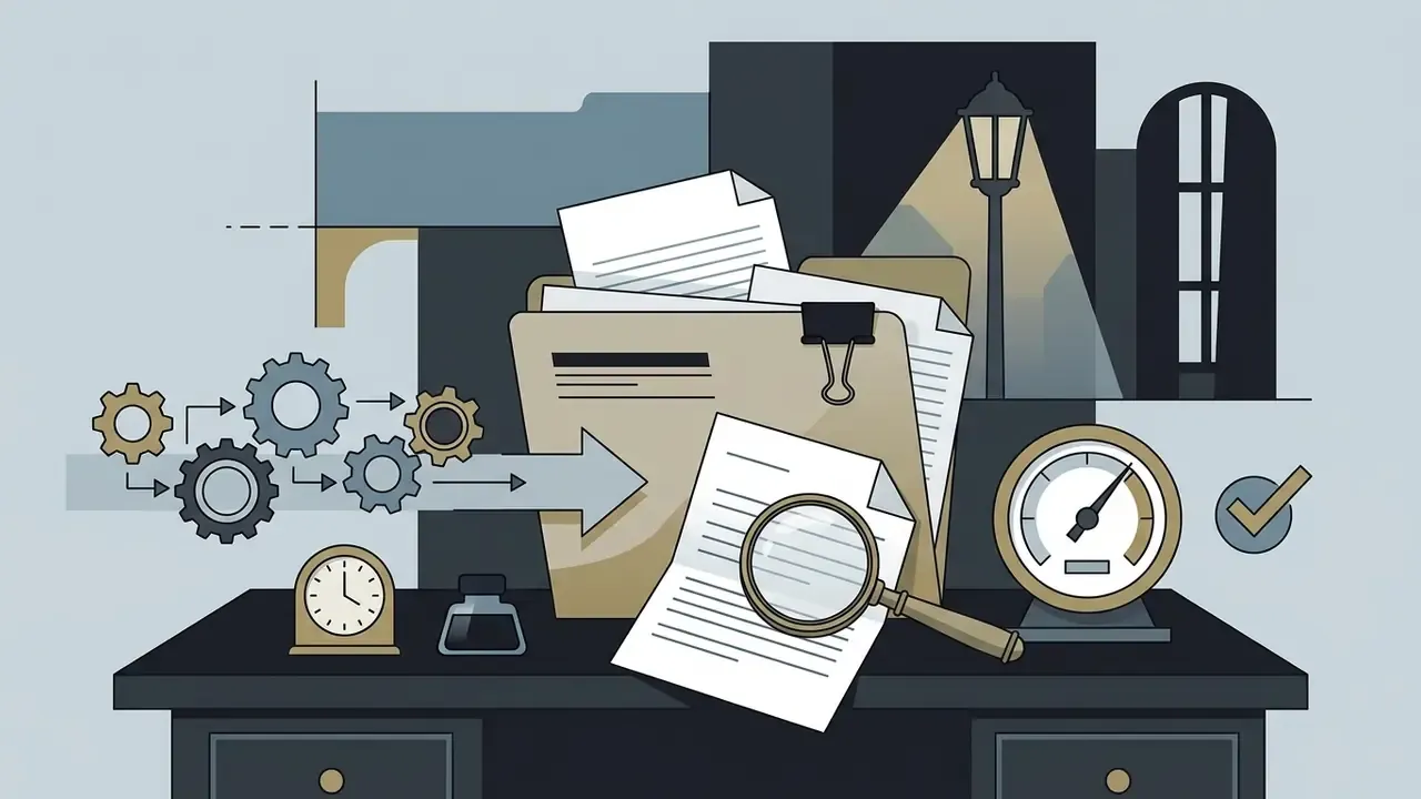 A folder of documents, a magnifying glass, and mechanical gears on a desk in a noir city setting