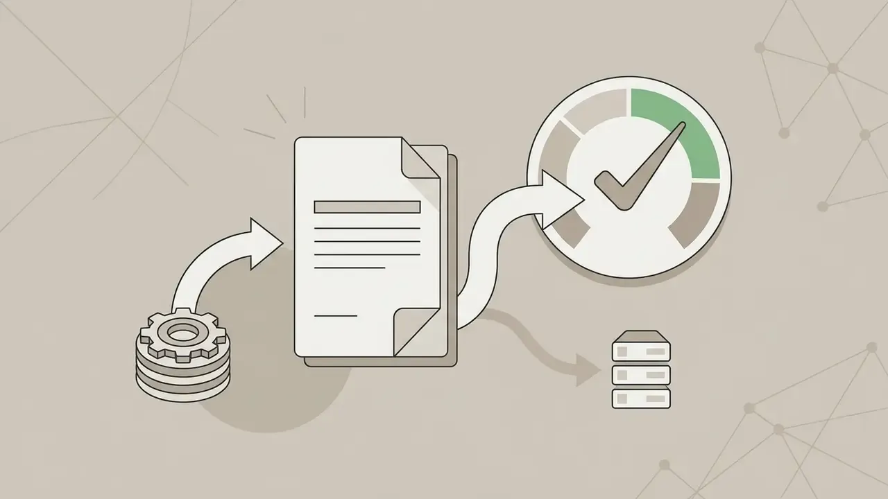Gear icon connecting to a document that moves toward a checkmark gauge and a server storage icon