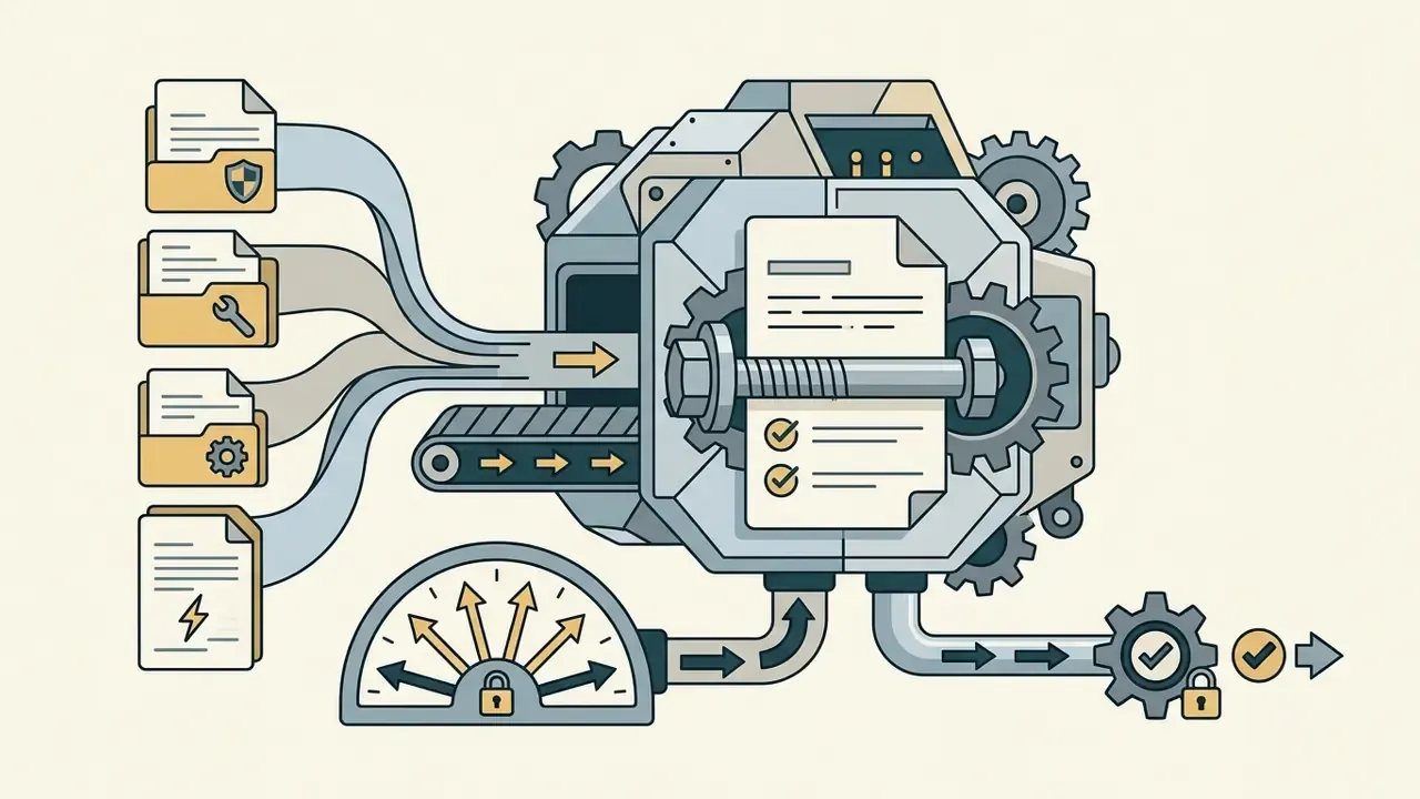 Documents feeding into a bolted machine that outputs verified results through a gauge and gear system