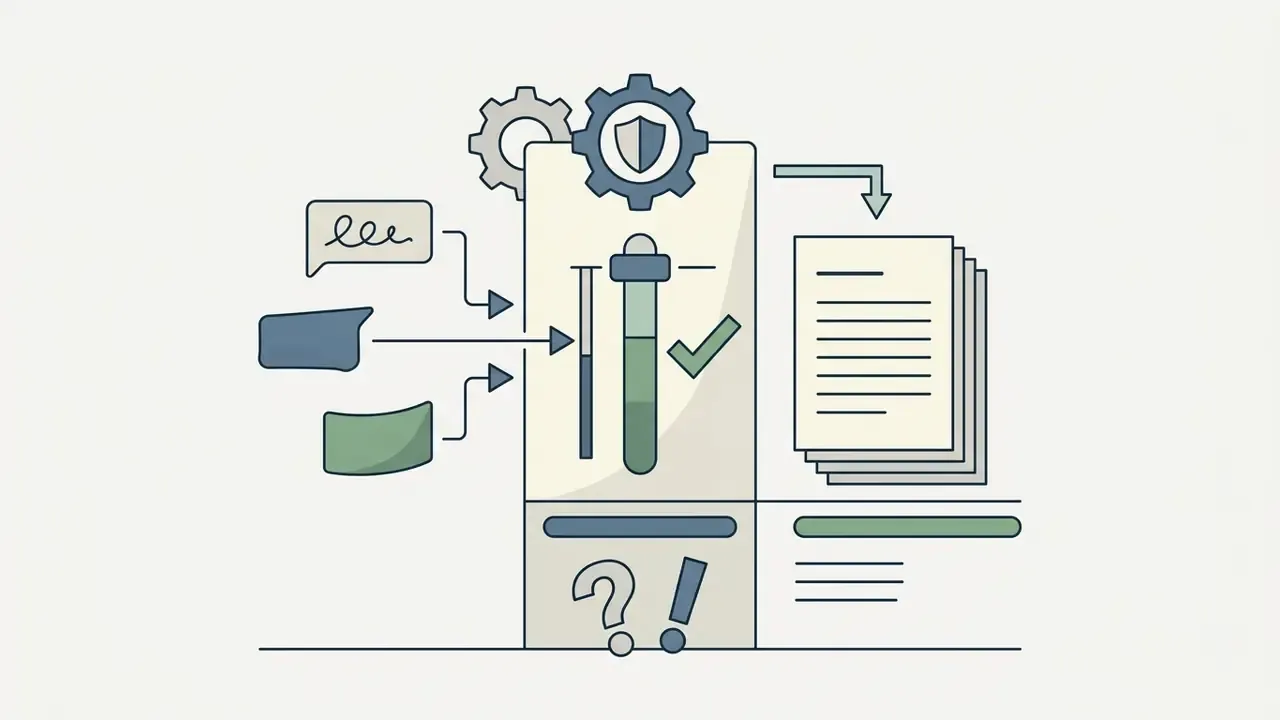 Input bubbles feeding into a central analysis gauge to produce a finalized document with a checkmark