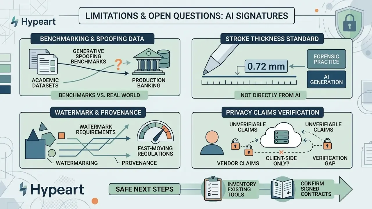 Four panels detailing challenges in benchmarking, stroke standards, provenance, and privacy verification