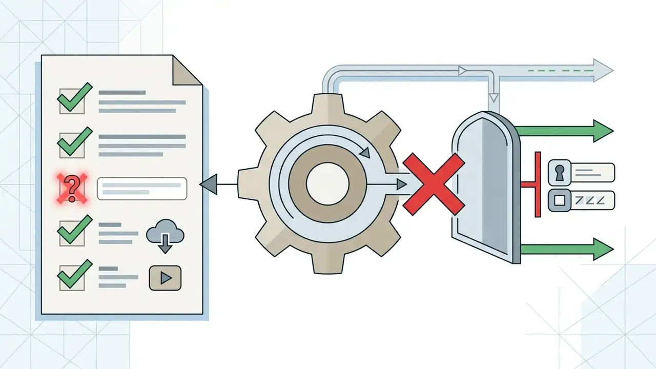 Checklist with a red question mark blocking a gear mechanism from accessing login credentials