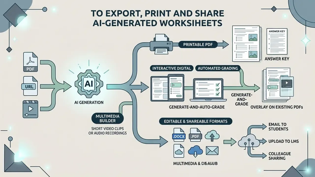 Diagram showing how digital content transforms into printable PDFs, interactive exercises, and shareable files