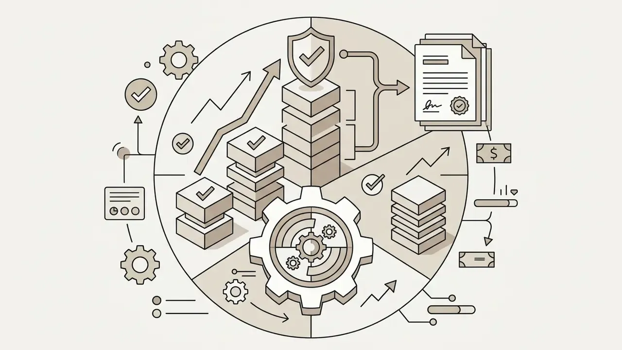 Circular graphic featuring stacked blocks, a central gear, a shield icon, and legal documents