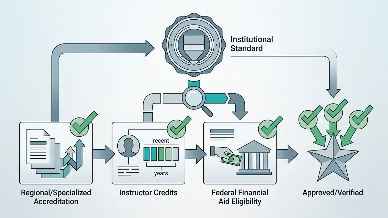 Accreditation icons and financial aid steps flowing toward a star symbol with checkmarks