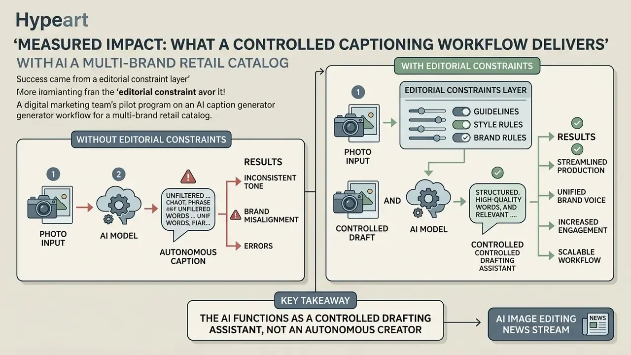 Flowchart comparing AI captioning workflows with and without an editorial constraint layer