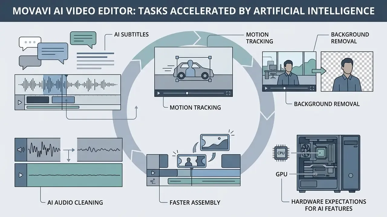 Diagram illustrating automated video production tools including audio cleaning, motion tracking, and hardware