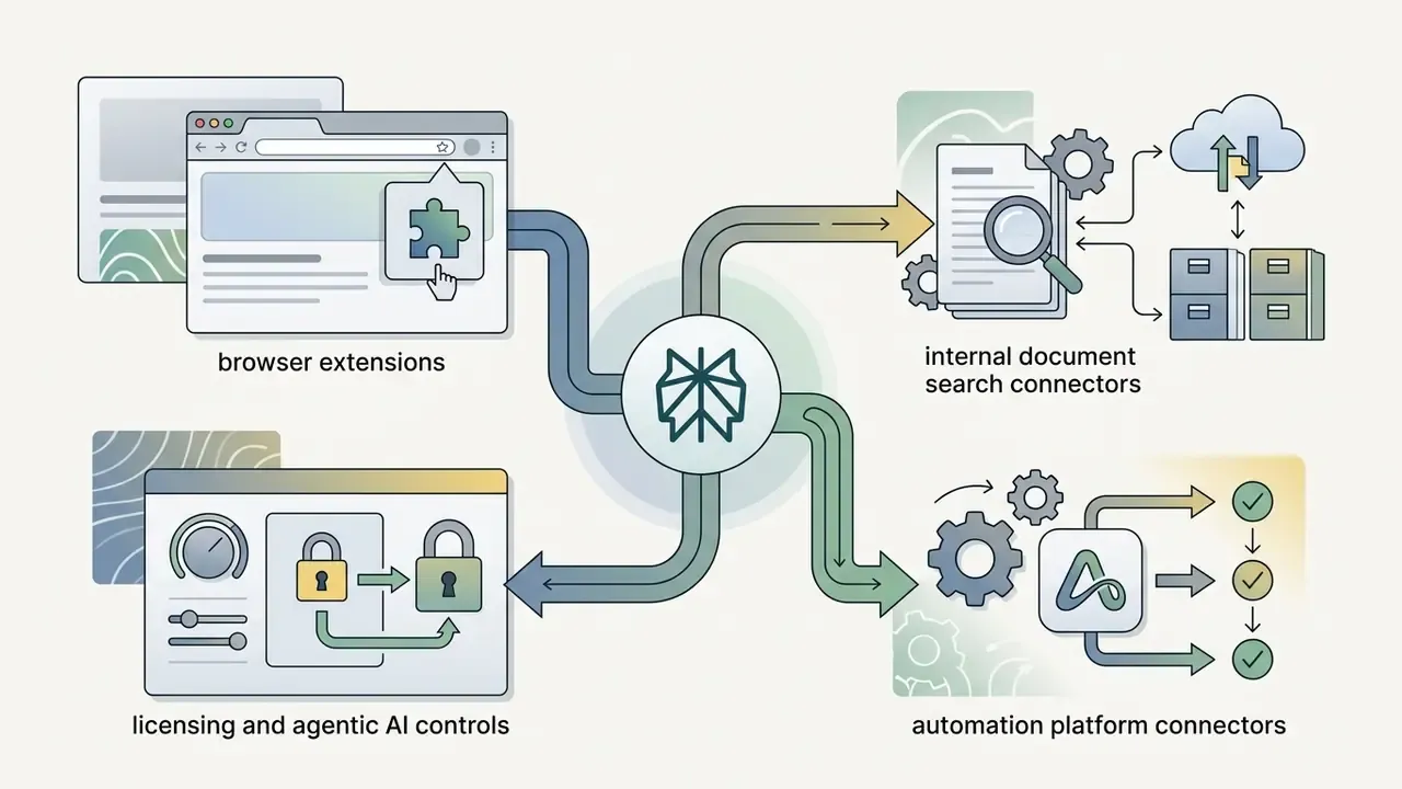 Browser extensions and document search connectors feeding into a hub that outputs to automation controls