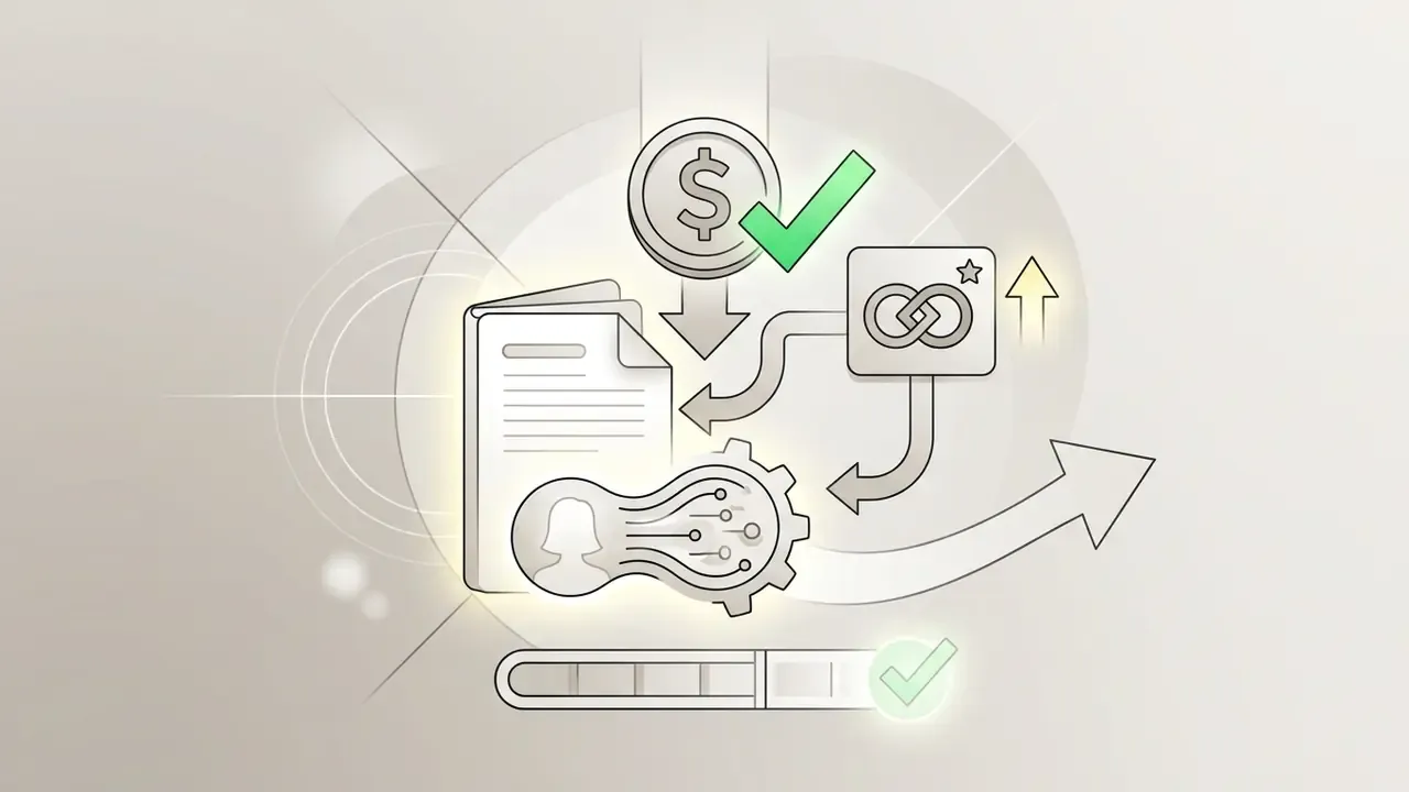 Document with a female silhouette gear icon connecting to a coin and membership symbol with progress bar