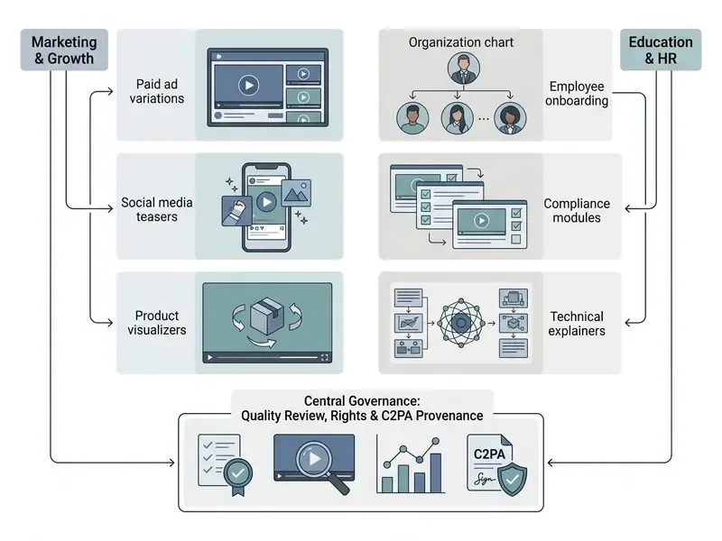 Diagram mapping enterprise AI video use cases in marketing and HR to a central governance layer
