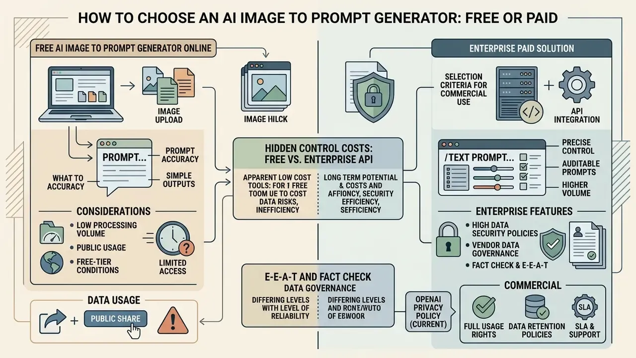Comparison of free online tools versus enterprise paid solutions for generating text prompts from images