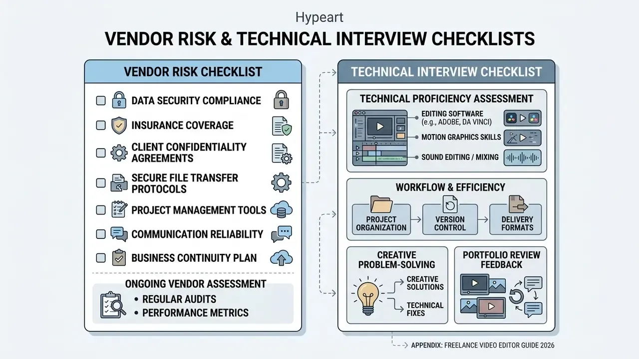 Side-by-side checklists for evaluating vendor risk factors and technical interview proficiency