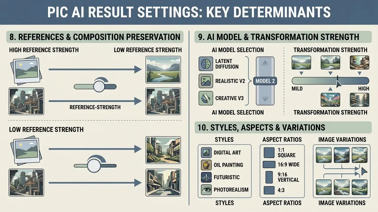Infographic detailing how reference strength, model selection, styles, and aspect ratios affect output