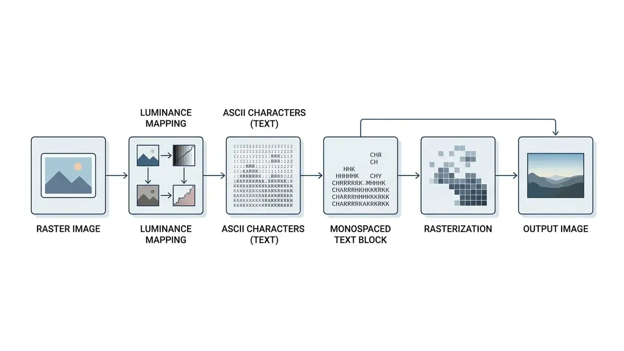 Flowchart showing the transformation of a raster image into a monospaced text block and output image
