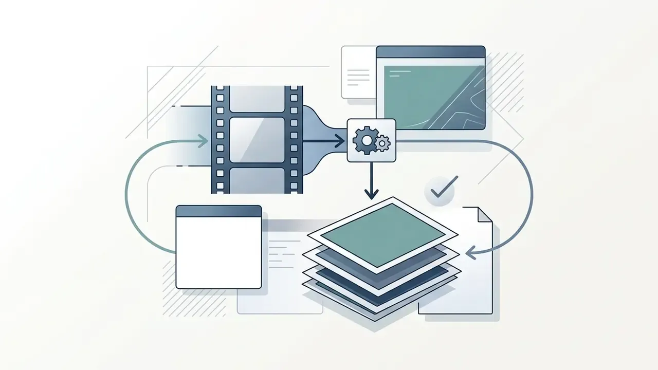 Video film strip feeding into a processing icon to extract and stack individual still image frames