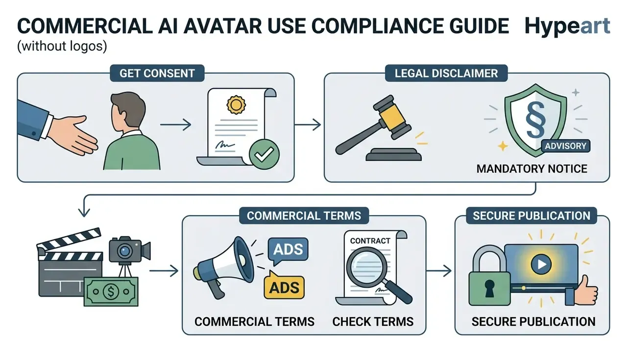 Infographic outlining legal steps for AI avatars including consent, disclaimers, and commercial terms