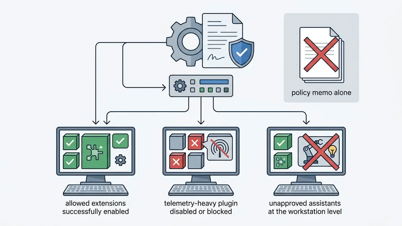 Workstation management hub controlling extension access, blocking telemetry, and restricting assistants