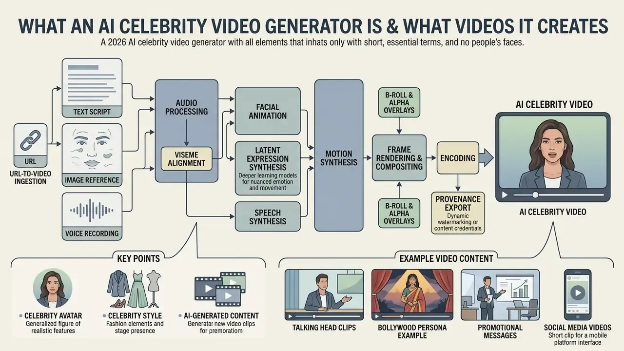 Flowchart detailing the technical process of transforming text, images, and audio into AI celebrity videos