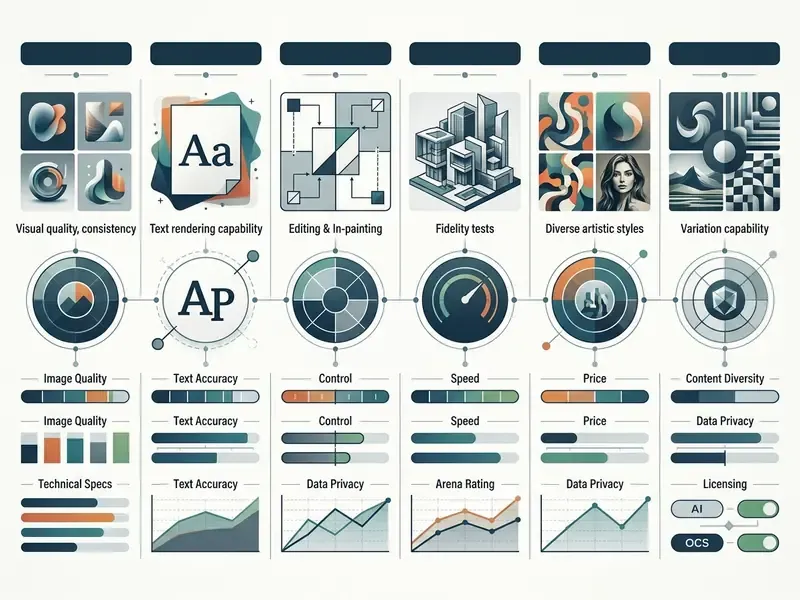 Structured dashboard comparing AI image generator performance metrics through charts and data visualizations
