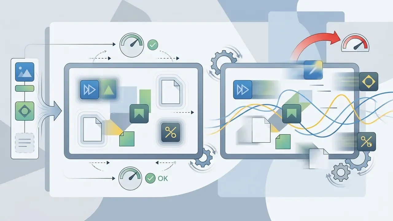 Two screens with icons and motion lines representing controlled versus excessive movement