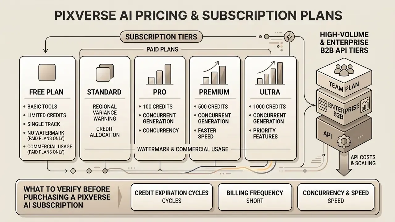 Diagram comparing Pixverse AI consumer subscription tiers with team and enterprise API options