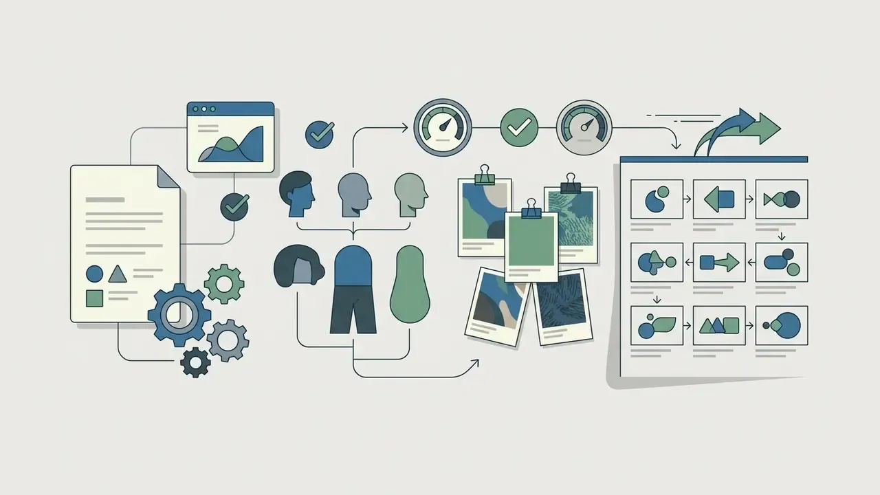 Document and gear icons connecting to character silhouettes, photo clips, and a grid of abstract shapes