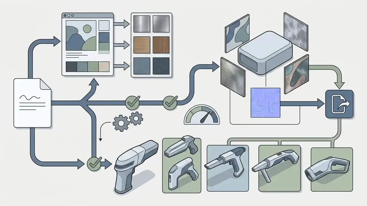 Process map showing text prompts evolving into material moodboards and 3D industrial design variations