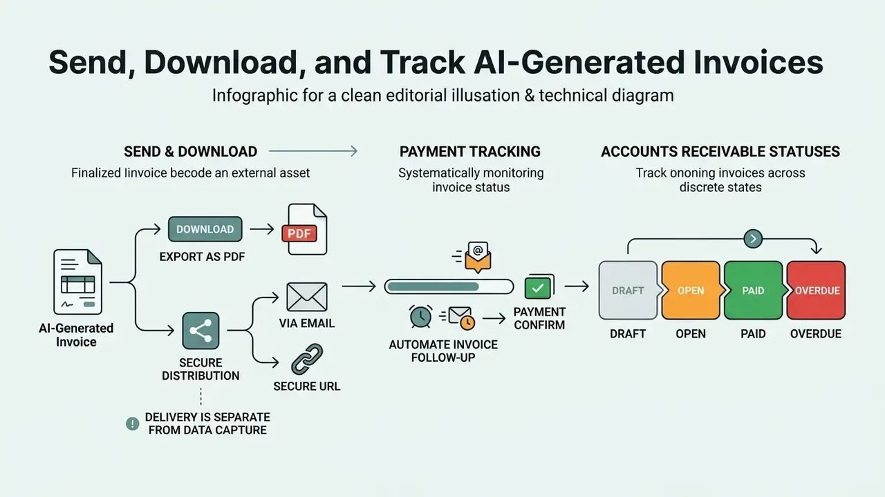 Flowchart showing PDF export, email delivery, payment automation, and status tracking for billing
