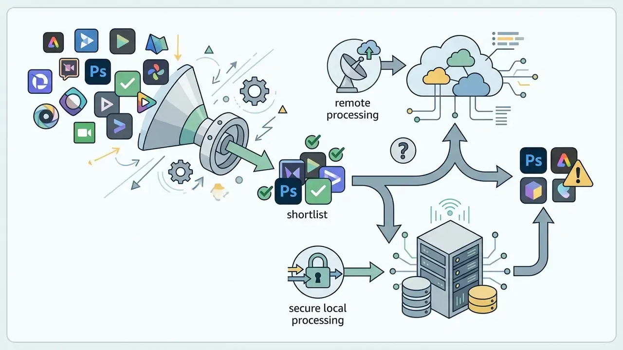 Software icons filtered through a funnel into paths for remote cloud or secure local data processing