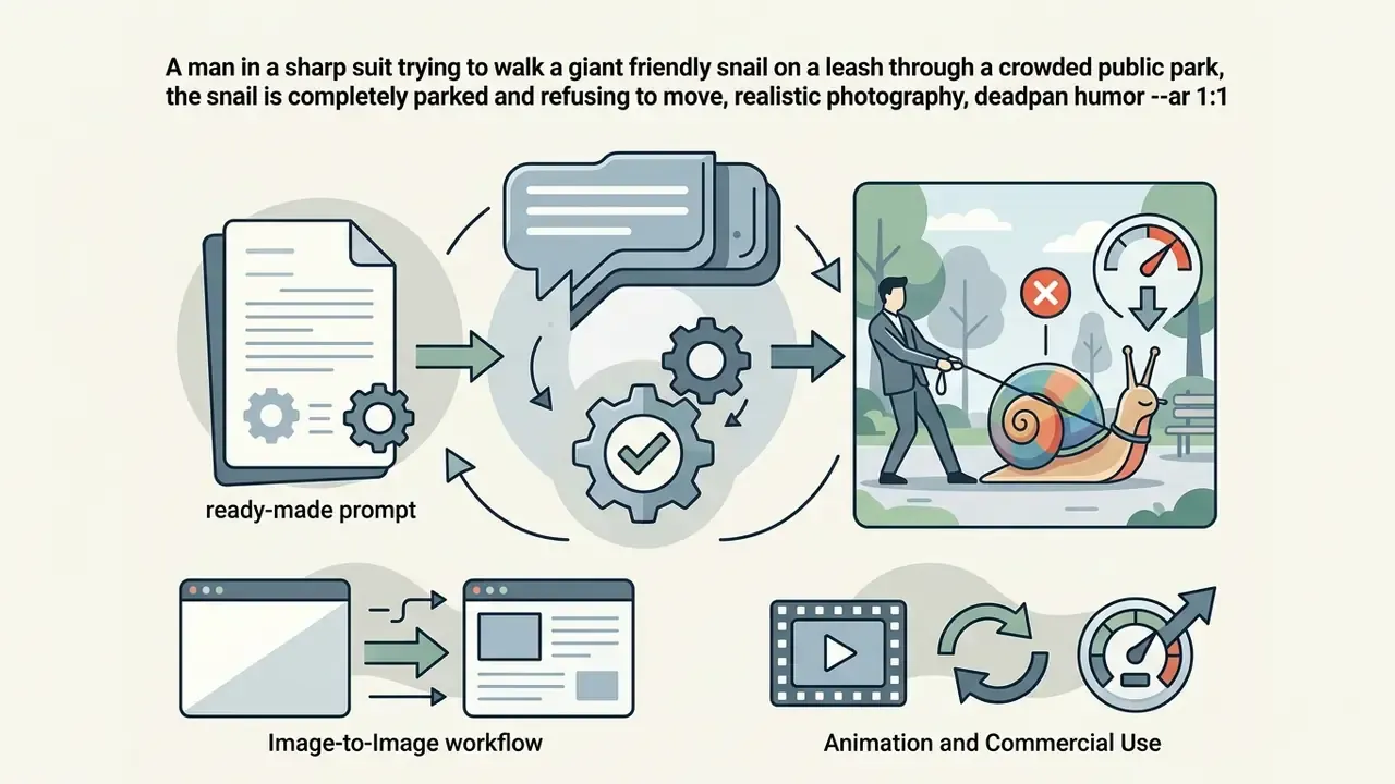 Text prompt feeding into a gear mechanism that generates a man walking a giant snail in a park