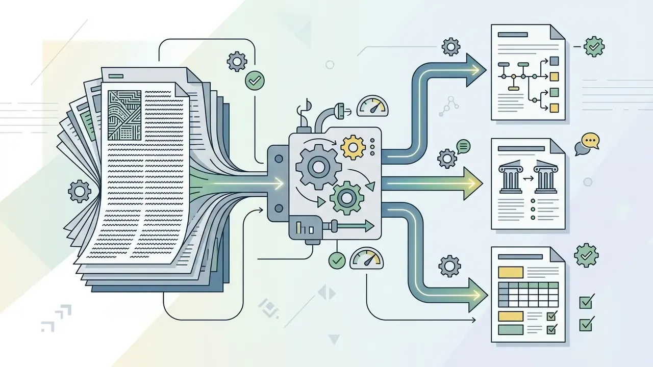 Stack of text documents feeding into a mechanical processor that outputs structured educational resources