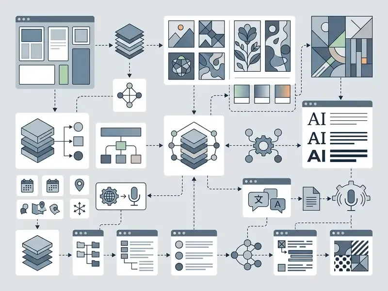 Complex network diagram showing data processing paths and design generation steps with icons and arrows