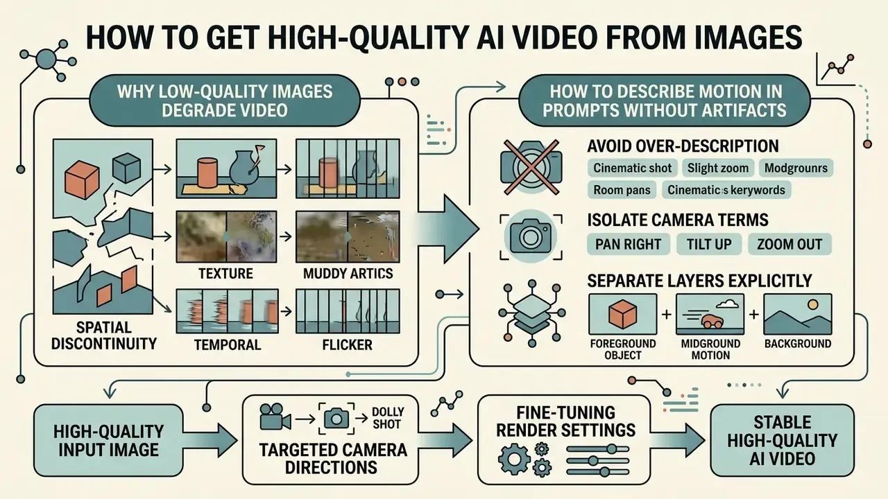 Infographic explaining how to get high-quality AI video from images by managing noise and motion prompts
