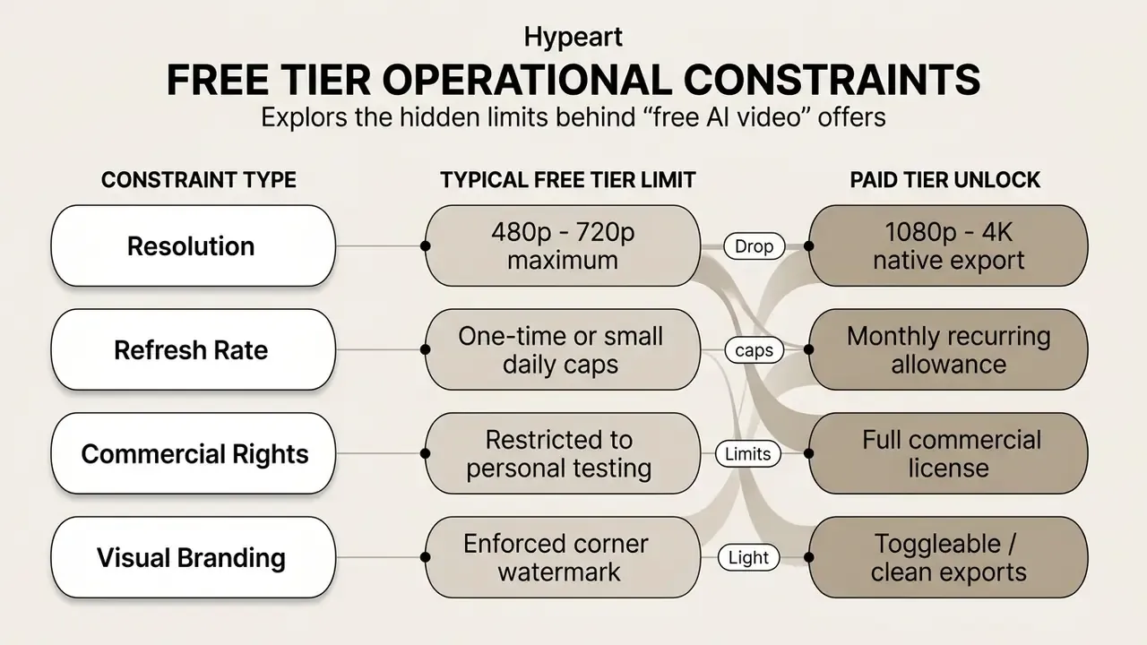Comparison table showing how paid tiers unlock features restricted by free AI video service limitations